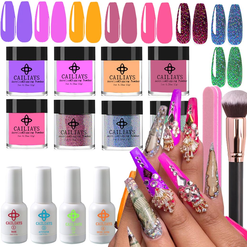 26-Piece Dip Powder Nail Kit - 8 Glitter Colors, Base & Top Coat, No Lamp Needed