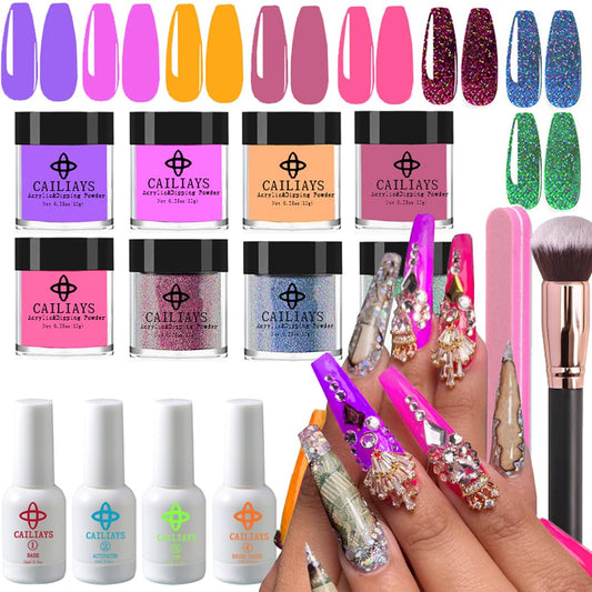 26-Piece Dip Powder Nail Kit - 8 Glitter Colors, Base & Top Coat, No Lamp Needed