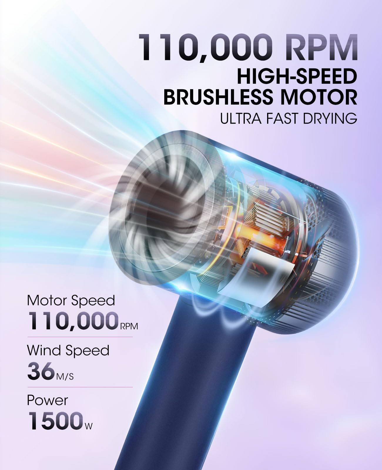 LEMULEGU Hair Dryer,110000 RPM High-Speed Brushless Motor for Fast Drying with HD Digital Display Low Noise Compact Hair Blow Dryer for Curly Hair for Home Travel Salon #201Purple Blue