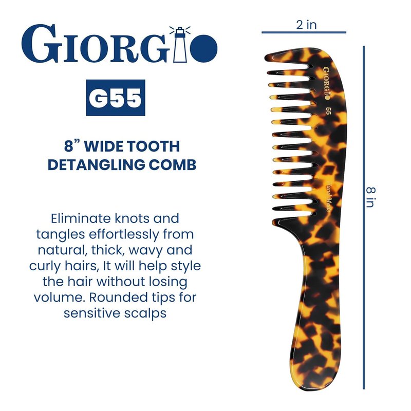 Giorgio G55 TY Wide Tooth Comb for Wet Hair Detangling Comb, Hair Comb for Thin to Medium Thickness Hair Detangler, Hair Combs for Women, Handmade Large Tooth Comb Rake Comb Saw-Cut and Hand Polished