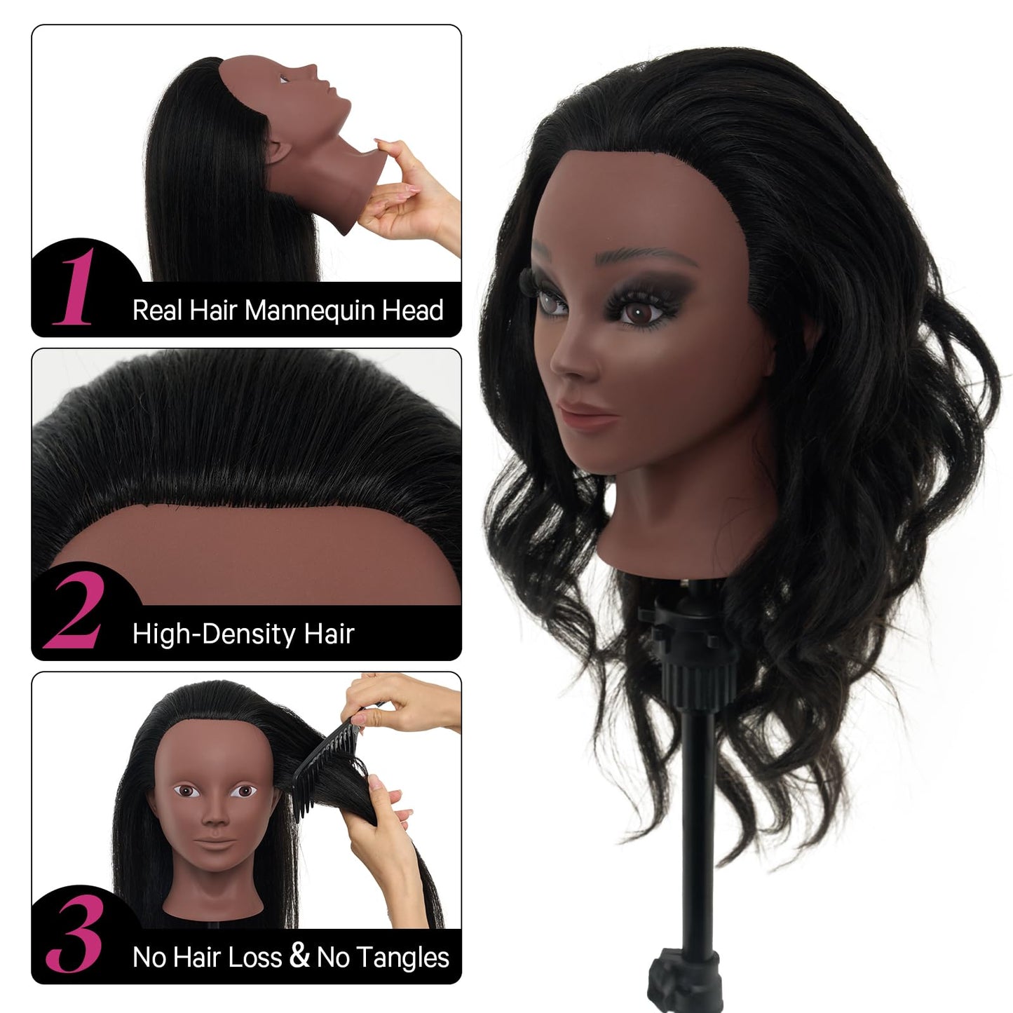 Mannequin Head 80% Human Hair with Tripod Stand, 28 Inch Makeup Cosmetology Manikin Head Braiding Mannequin Head with stand, Hairdressing Training Practice Doll Head for Hair Styling with Table Clamp