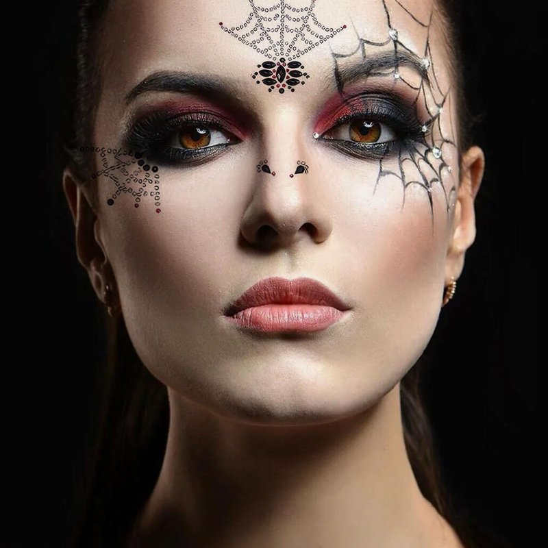 4 Pieces Face Gems Jewels Tattoos for Halloween, Day of the Dead Glitter Skull Spider Web Clown Crystals Rhinestones Makeup Stickers for Women Halloween Festival Rave Party Outfit