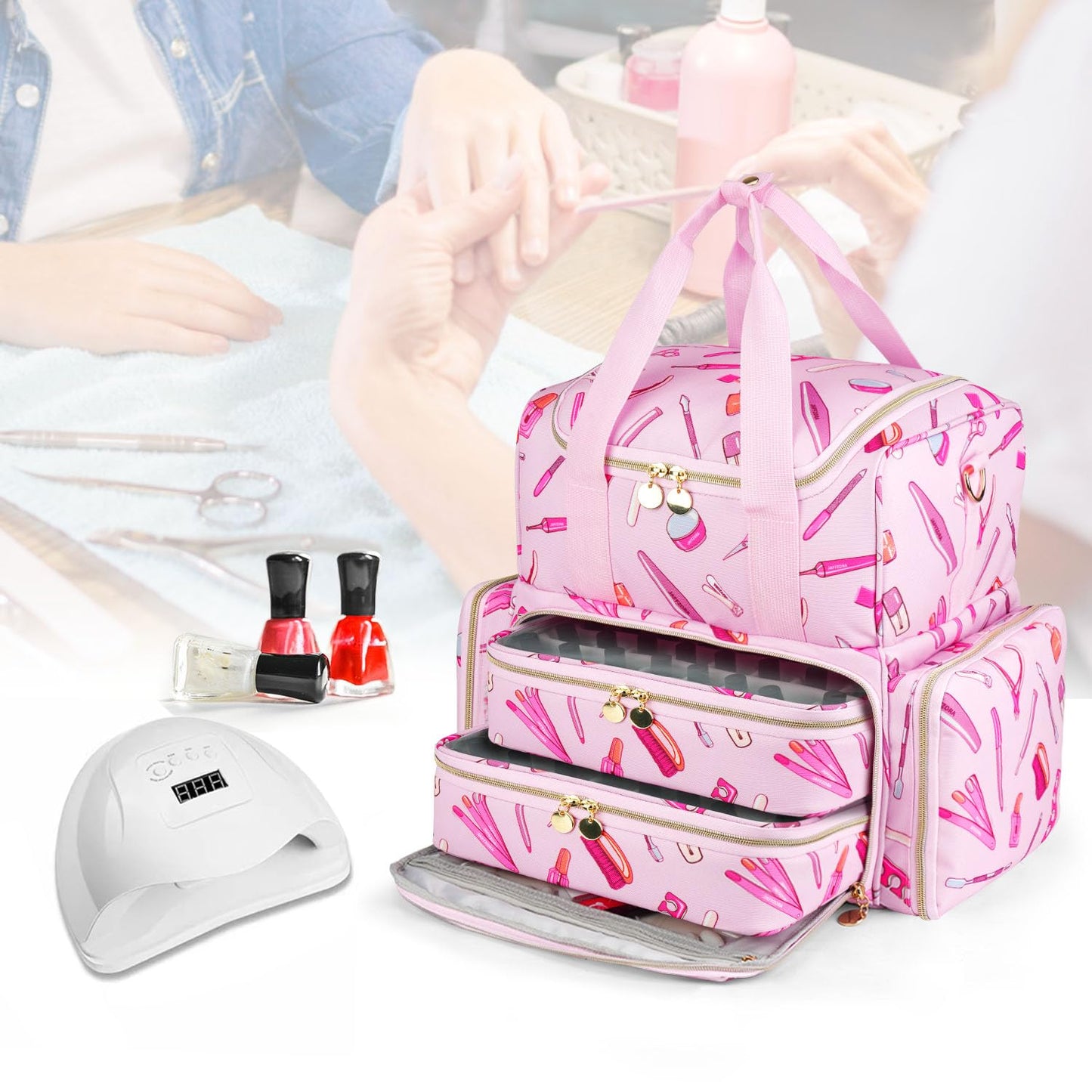 Extra Large Nail Polish Organizer Case Holds 80 Bottles and a Nail Lamp, Nail Organizers and Storage with 2 Removable Pouches, Travel Nail Supplies Carrying Bag for Nail Art Tech & Manicure Tools,Pink