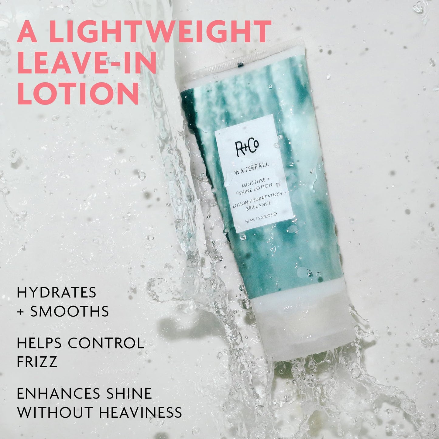 R+Co Waterfall Moisture and Shine Lotion | Lightweight Hair Hydration + Softness | Vegan + Cruelty-Free | 5 Fl Oz