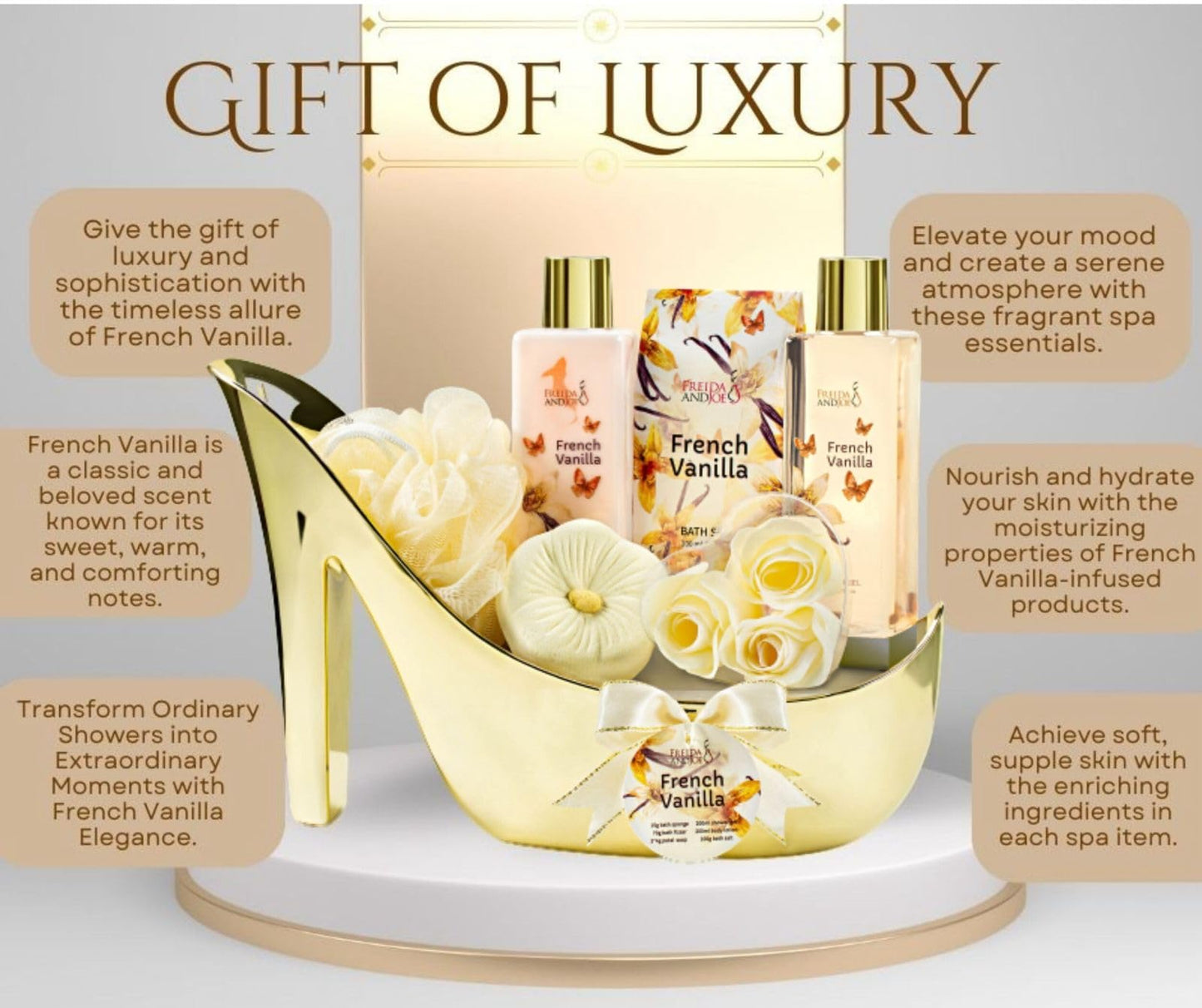 Elegant Bath Set in High Heel Shoe – Luxurious Spa Gift Basket for Women, Includes Shower Gel, Body Lotion, Bath Salts, Soap Flowers, Bath Fizzer & Sponge (French Vanilla) – Mother's