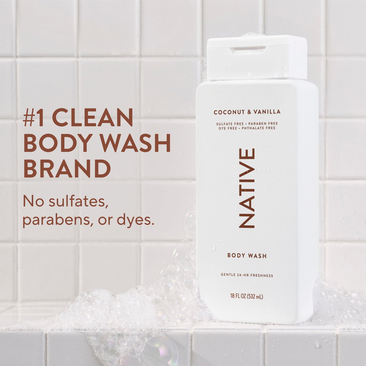 Native Clean Body Wash, Gentle & pH-balanced for Sensitive Skin, 24-Hr Freshness for Women & Men, Vegan & Cruelty-Free, Free of Sulfates, Parabens & Phthalates, Coconut & Vanilla, 18fl oz