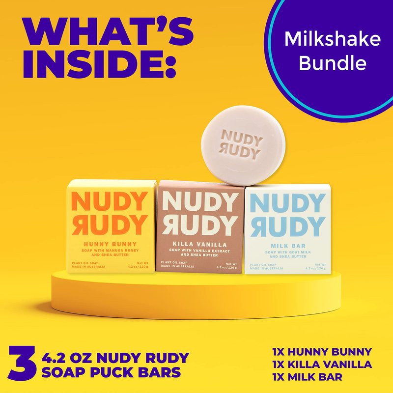 Nudy Rudy Milkshake Bundle Bar Soap Pucks, Includes Milk Bar, Hunny Bunny, Killa Vanilla, Made with Organic Shea Butter, Pure Plant Oils, Triple Milled Bars, All Skin Types, 4.2 oz Each - Pack of 3