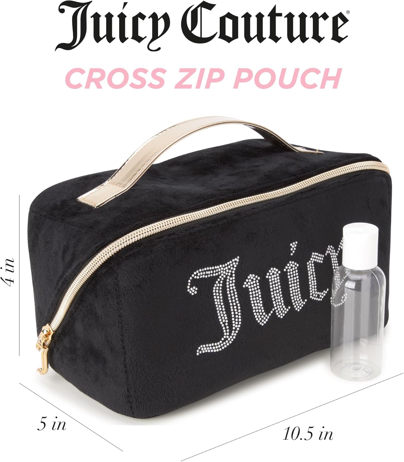 Juicy Couture Black Makeup Bag - Velour Cosmetics Organizer with Rhinestone Gold Handle | Travel Essentials