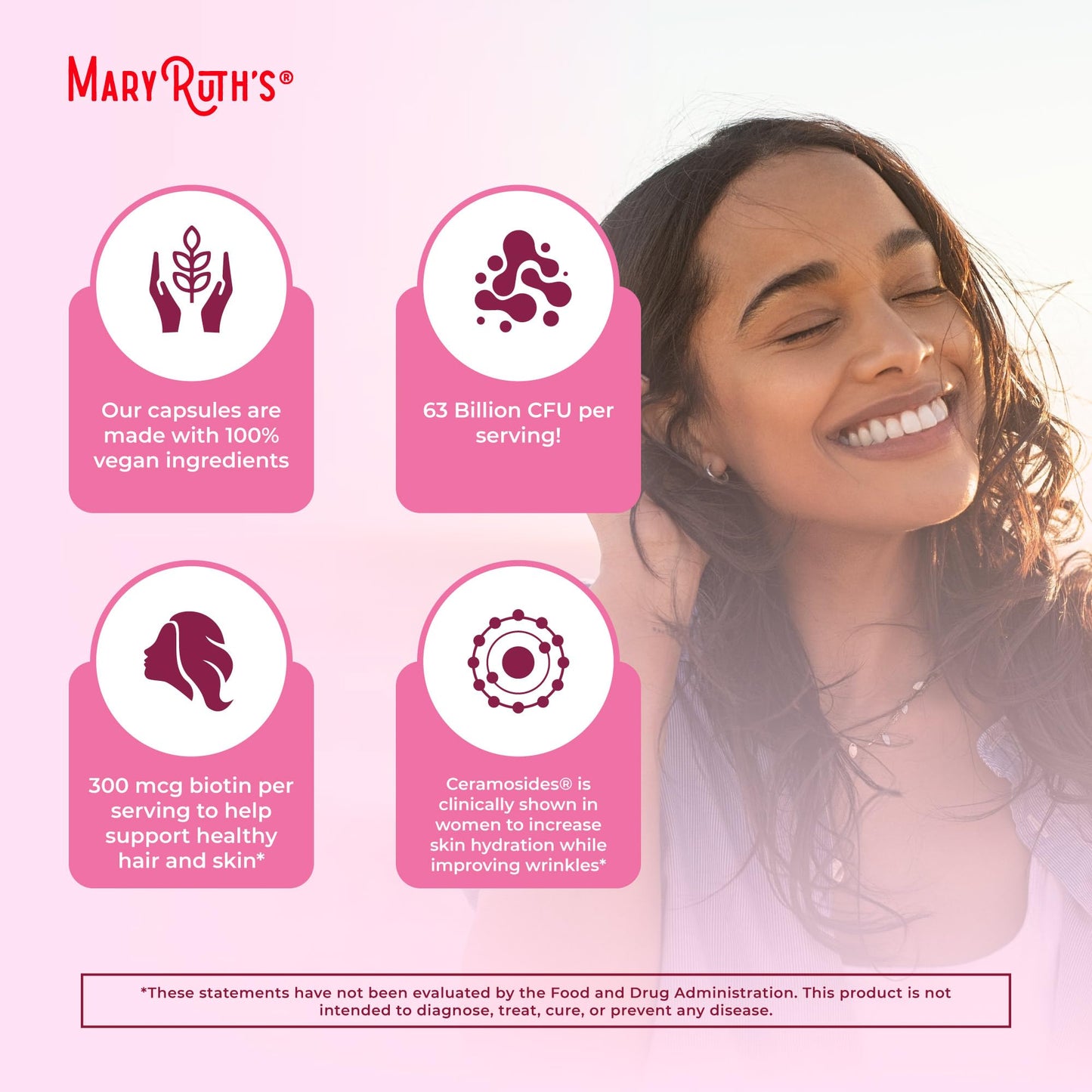 MARYRUTH'S Probiotic Beauty Capsules + Red Orange Complex & Ceramosides | Vegan Collagen Support | Anti Aging | Gut Health | Hair Skin and Nails Vitamins | Skin Care | Biotin | Non-GMO | 60 Count