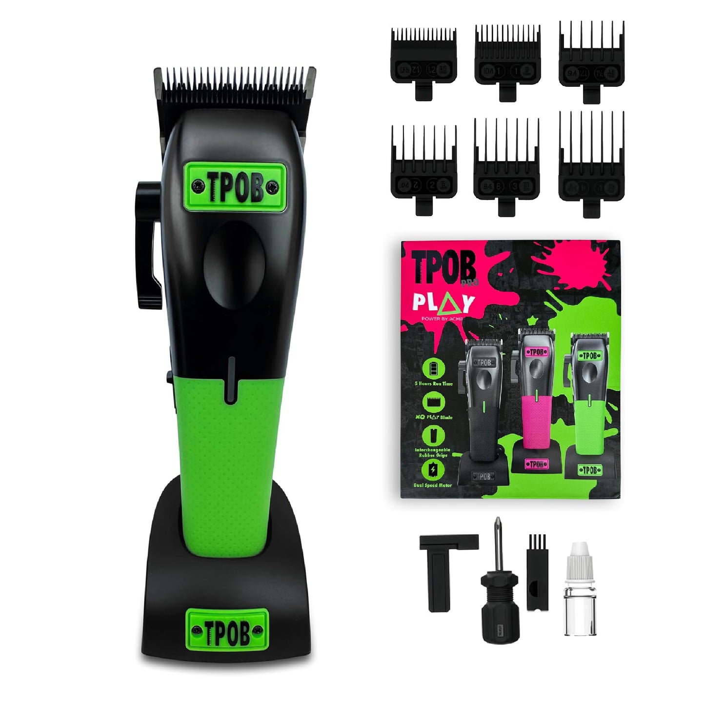 TPOB Play Barber Hair Clippers for Men 7500 RPM with Rubber Grips (Black/Green/Pink)