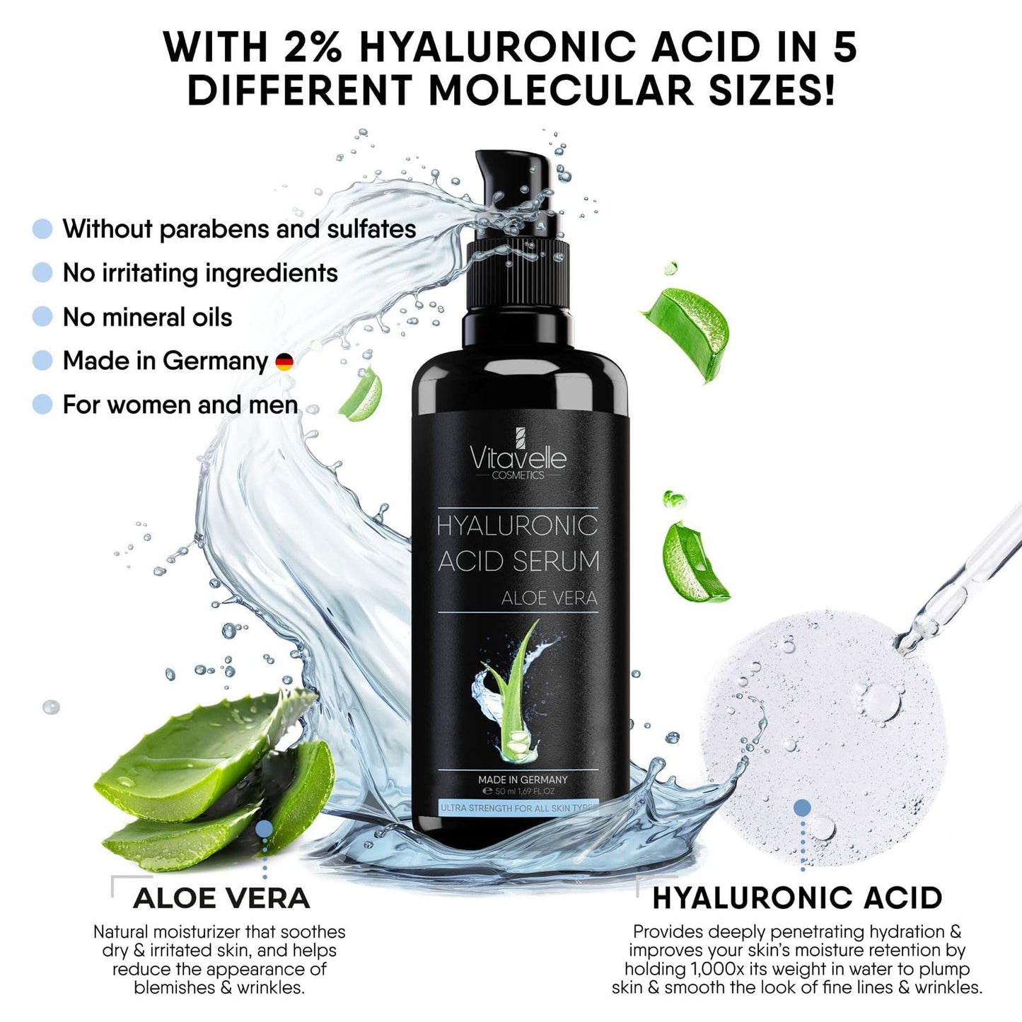 VITAVELLE Hyaluronic Acid Serum with Aloe Vera – Lightweight Hydrating Facial Serum for Smooth-Looking Skin (1.69 Fl Oz)