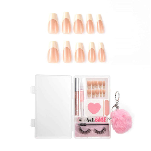 French Tip Press-On Nails Set - 30 PCS Elegant Pink Coffin Nails for Women