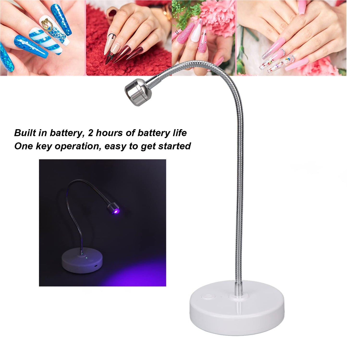 Gel Polish Dryer, LED Nail Lamp 3W Quick Drying Curing Machine with Adjustable Light Hose, Built in Battery for Home Salon Manicure