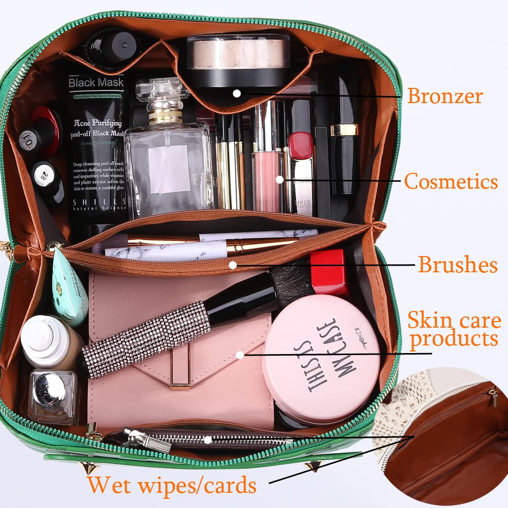 Cessfle Large Capacity Travel Cosmetic Bag Plaid Checkered Makeup Bag Portable Leather Waterproof Skincare Bag with Handle and Divider for Women 01-Green