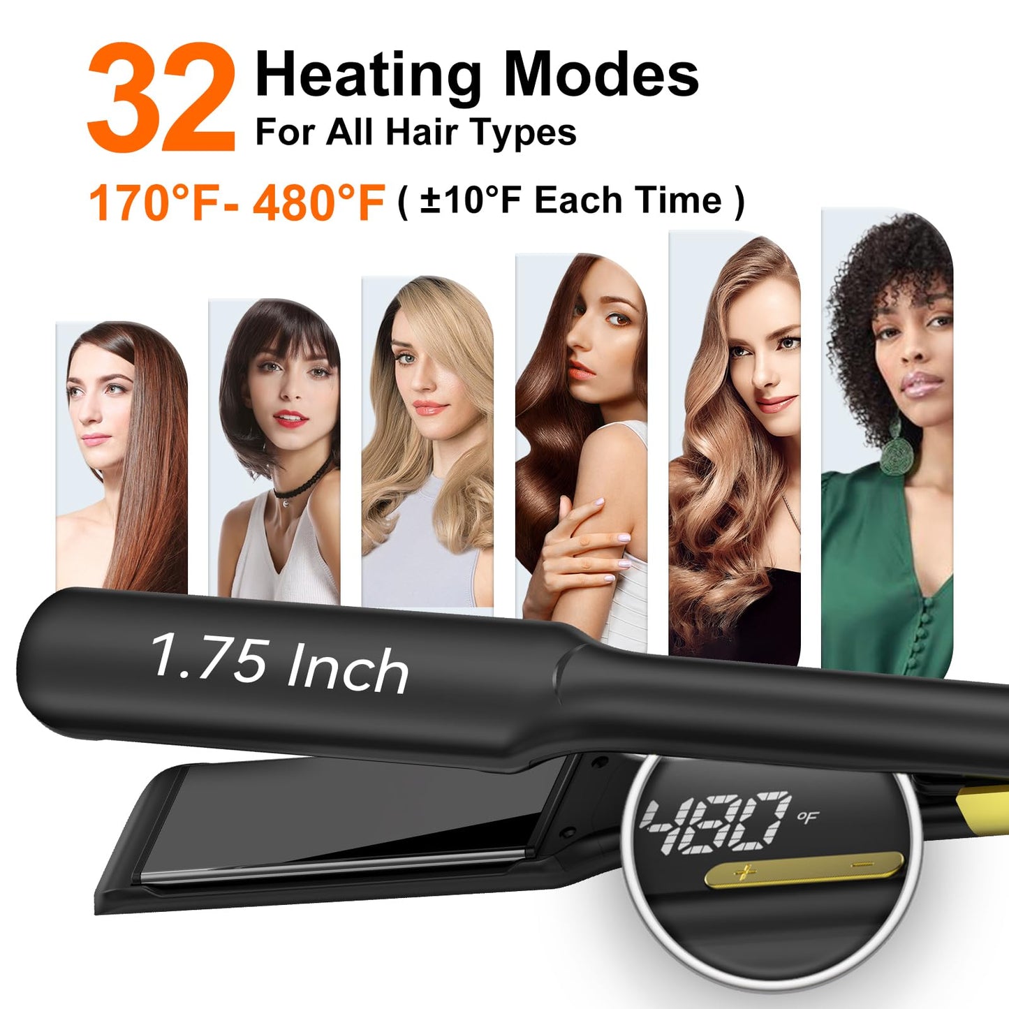 UKLISS MCH Heating Hair Straightener 2 in 1, 1.75 Inch Wide Plates, 170℉ to 480℉ Wide Temperature Range, 30-Second Fast Heat Up, Reduces Heat Damage (Black)