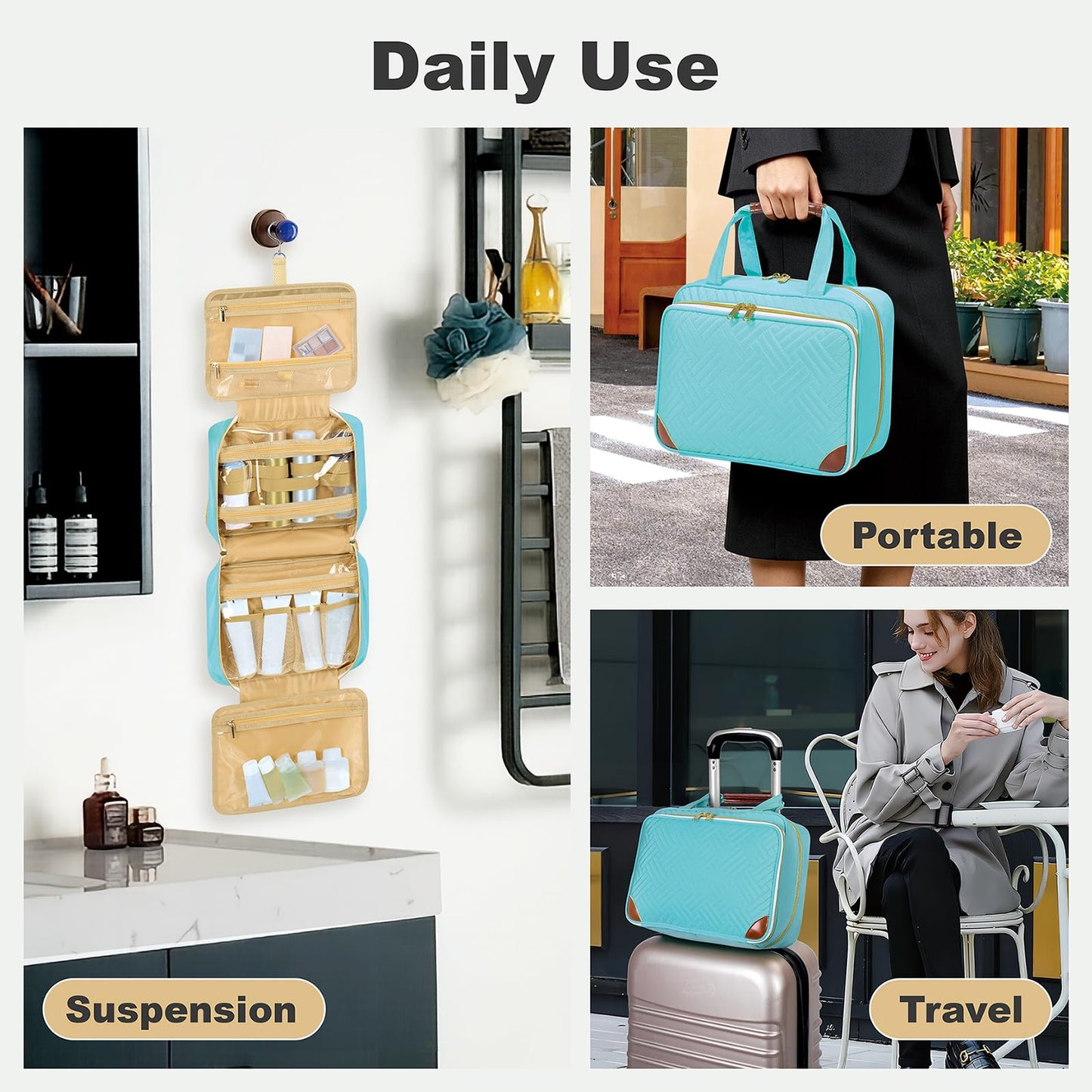 LANDFOBO Toiletry Bag for Women, Hanging Travel Toiletry Bag with Jewelry Organizer Compartment Large Makeup Bag, Cosmetic for Travel Business Trips Camping Bathroom Lake Green