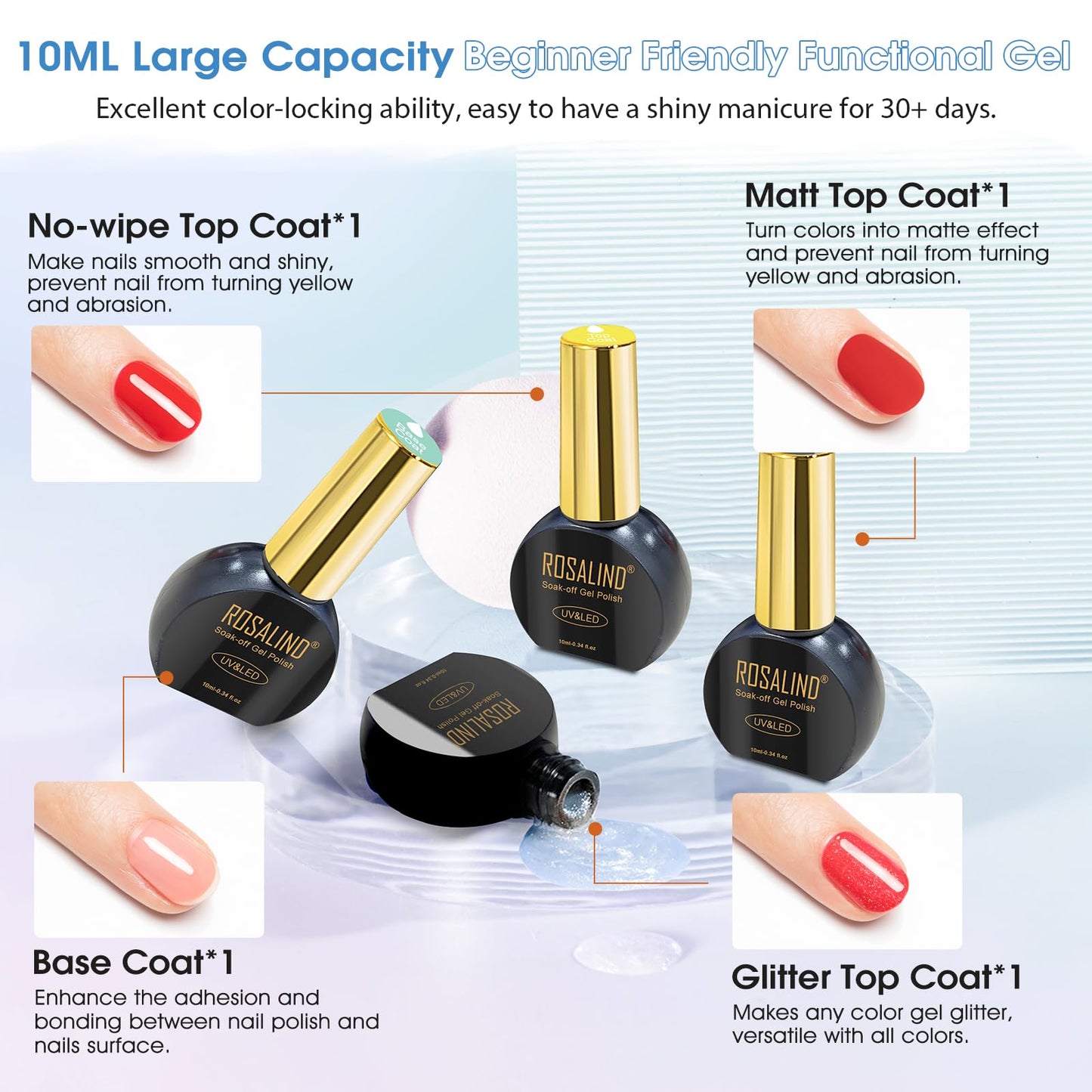 ROSALIND 30PCS Gel Nail Polish Set with Base Glossy Matte and Glitter Top Coat Gel Polish, Green Pink Fall Winter Gel Nail Set Soak Off Gel Polish Set