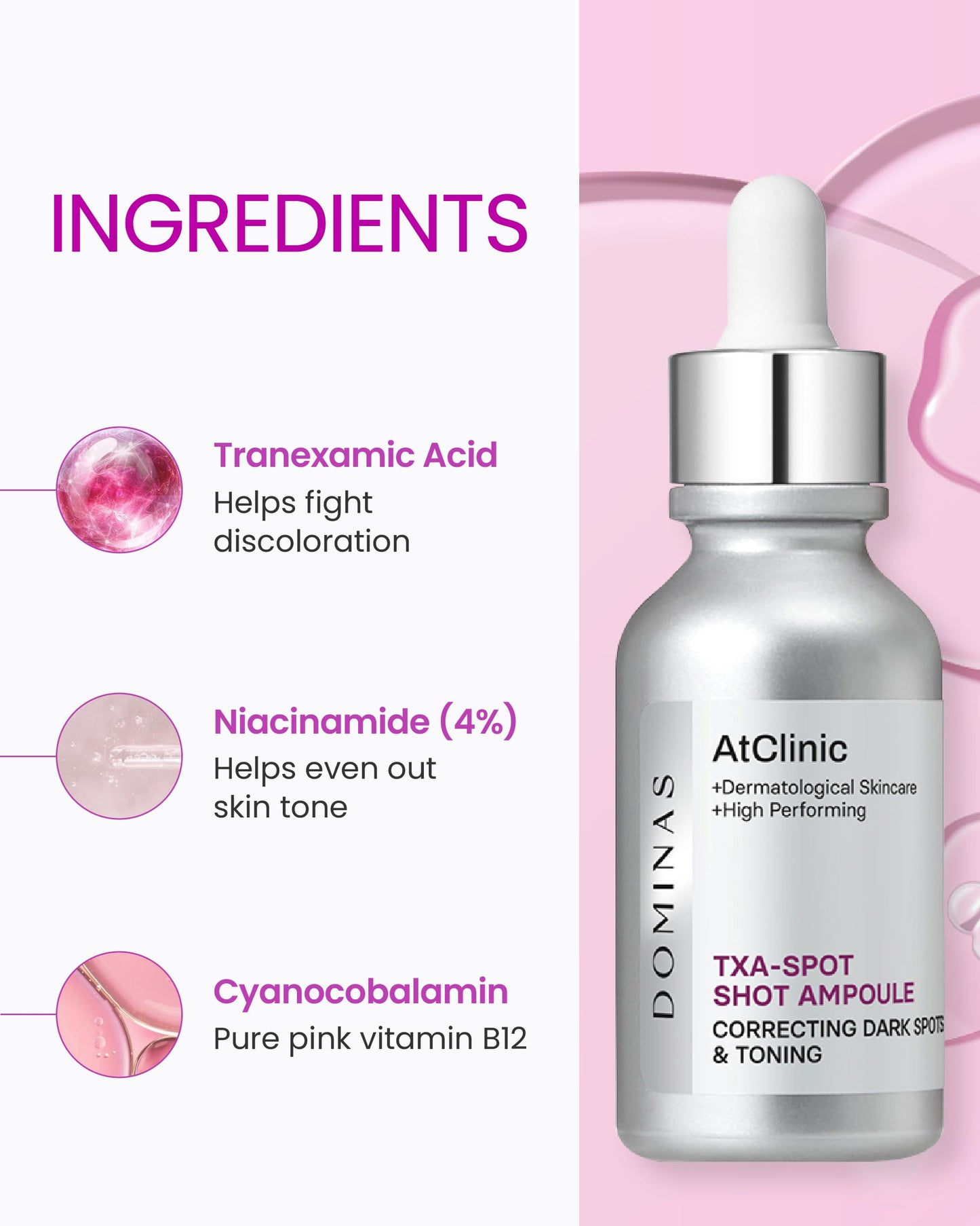 DOMINAS AtClinic TXA Spot Shot Serum - Dark Spot Corrector with Tranexamic Acid, 4% Niacinamide and Pink Vitamin B12, Hyperpigmentation, Uneven Skin Tone & Blemish Care, Korean Skincare, 1.01 fl oz