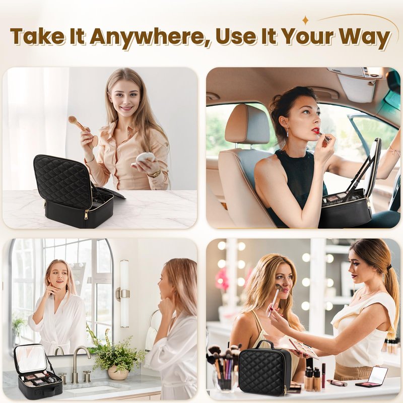 Elite Dance Gear Travel Makeup Bag with LED Mirror, Leather Cosmetic Train Cases with Adjustable Dividers, Makeup Organizer with Makeup Brush Storage Board for Women, Artist and More