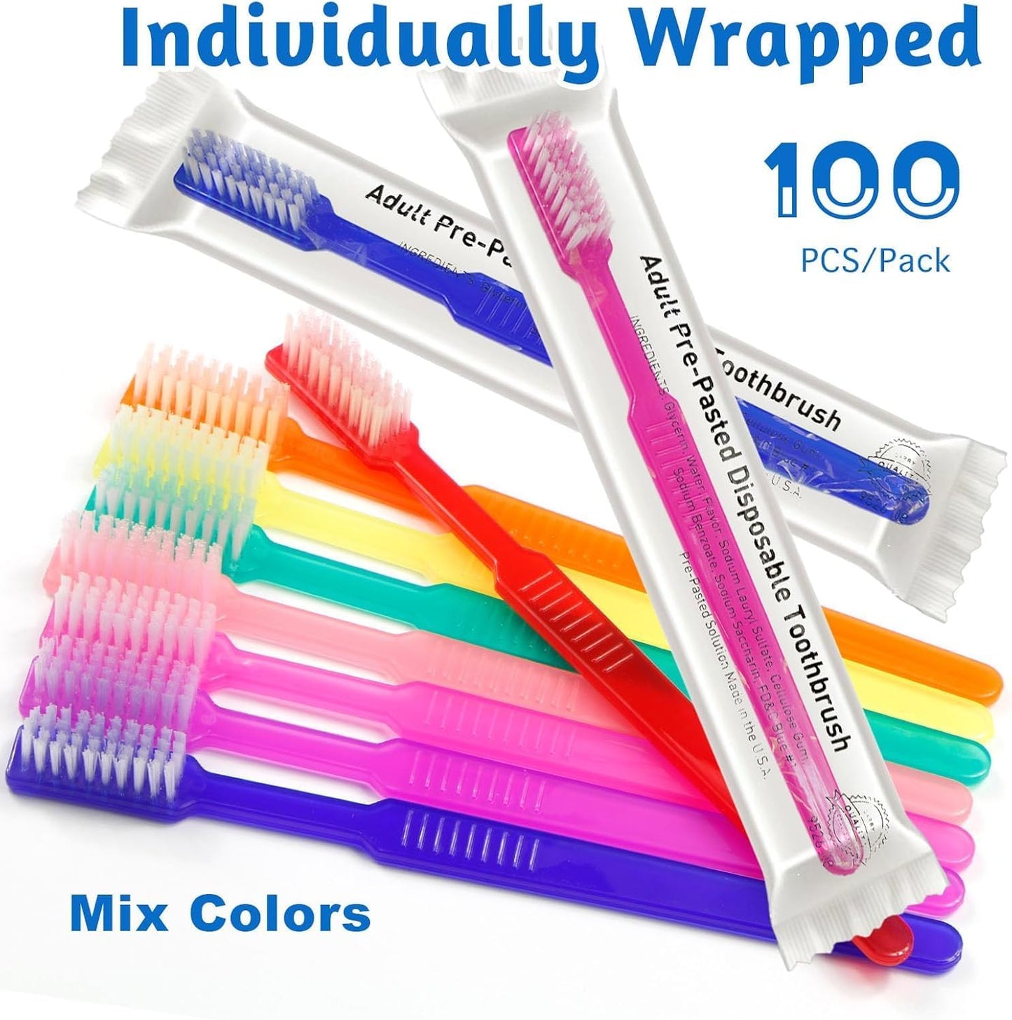 Disposable Pre-Pasted Toothbrushes - 200 Individually Wrapped Single Use Brushes | Ideal for Travel, Camping, and Gifts | Multi-Color