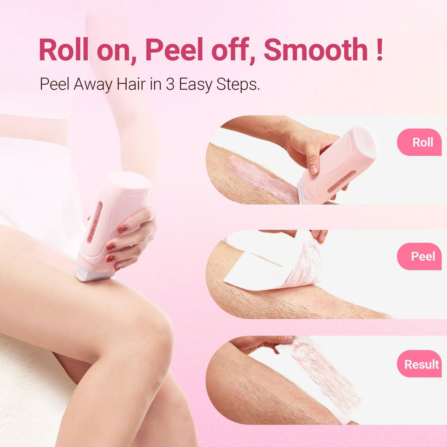 Waxpro Roll On Wax Kit for Women - Easy to Use - At-Home Hair Removal for Body (Arms & Legs) with 2 Wax Roller Cartridges & 50 Strips - White