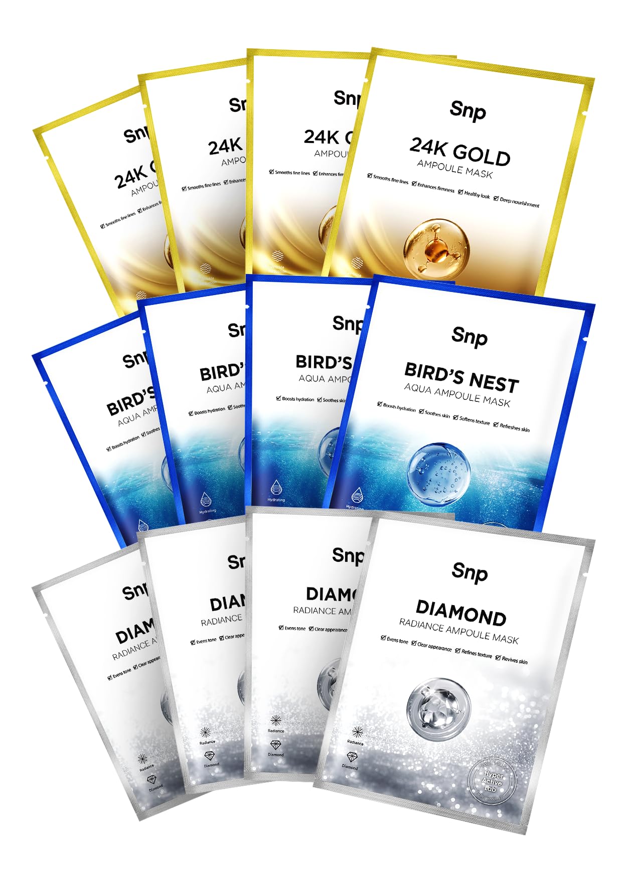 SNP Variety Ampoule Sheet Mask Set | Bird's Nest, 24K Gold, and Diamond Face Mask | Hydrating, Moisturizing, Nourishing for Sensitive Facial Skin | Korean Face Masks Skincare | 12 Sheets