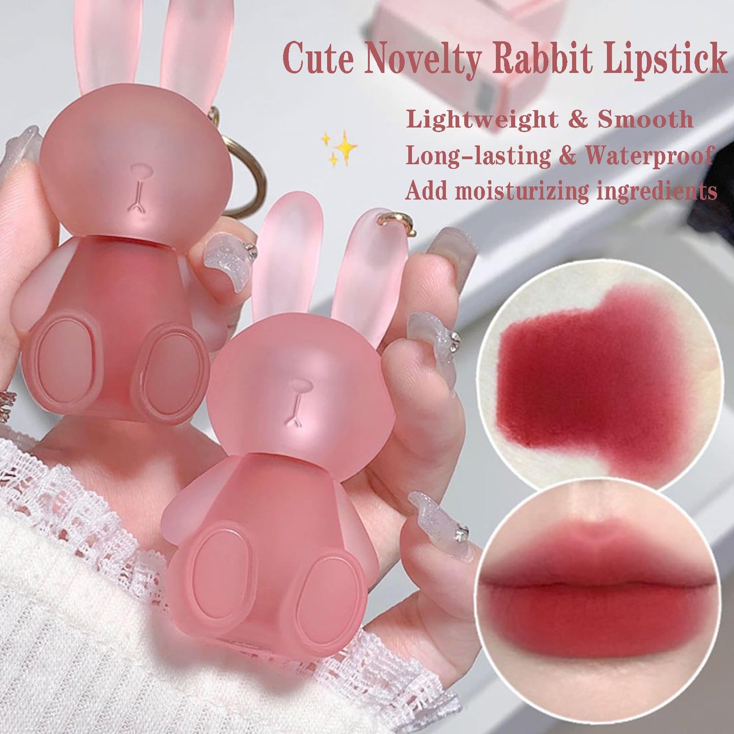 LuckNest 4 Colors Velvet Matte Liquid Lipstick set, Cute Rabbit Lip Glaze 2 in 1 Key Chain Lip Gloss Lip Stain, Waterproof Non-Stick Cup Long Lasting Lip Clay Cute Lip Makeup for Girls