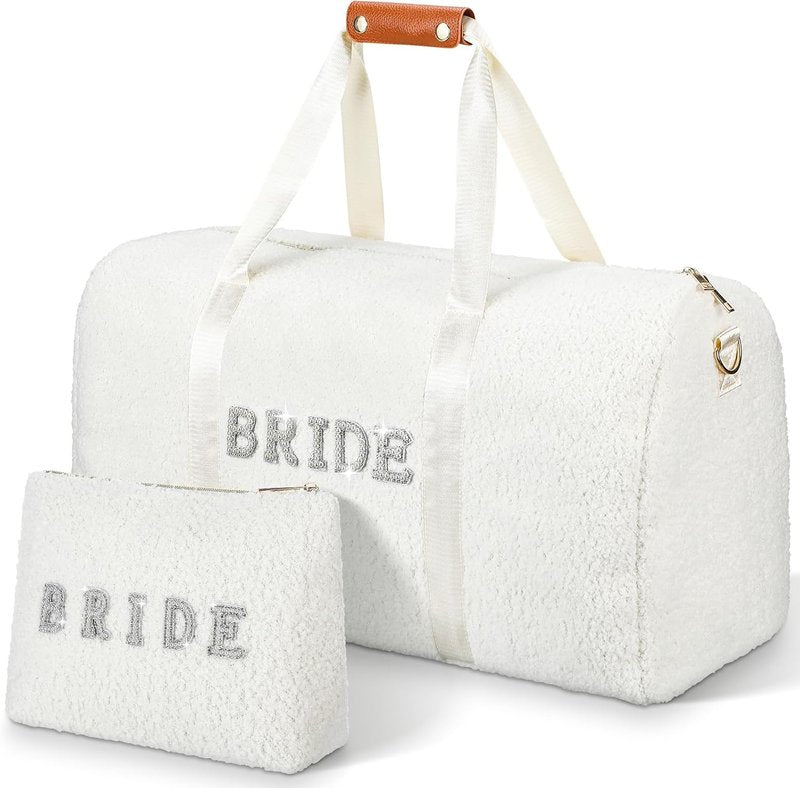 Bride Travel Bag Set - Plush Weekender Bag with Shoes Compartment & Makeup Pocket | Perfect Bridal Shower Gift