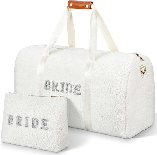 Bride Travel Bag Set - Plush Weekender Bag with Shoes Compartment & Makeup Pocket | Perfect Bridal Shower Gift