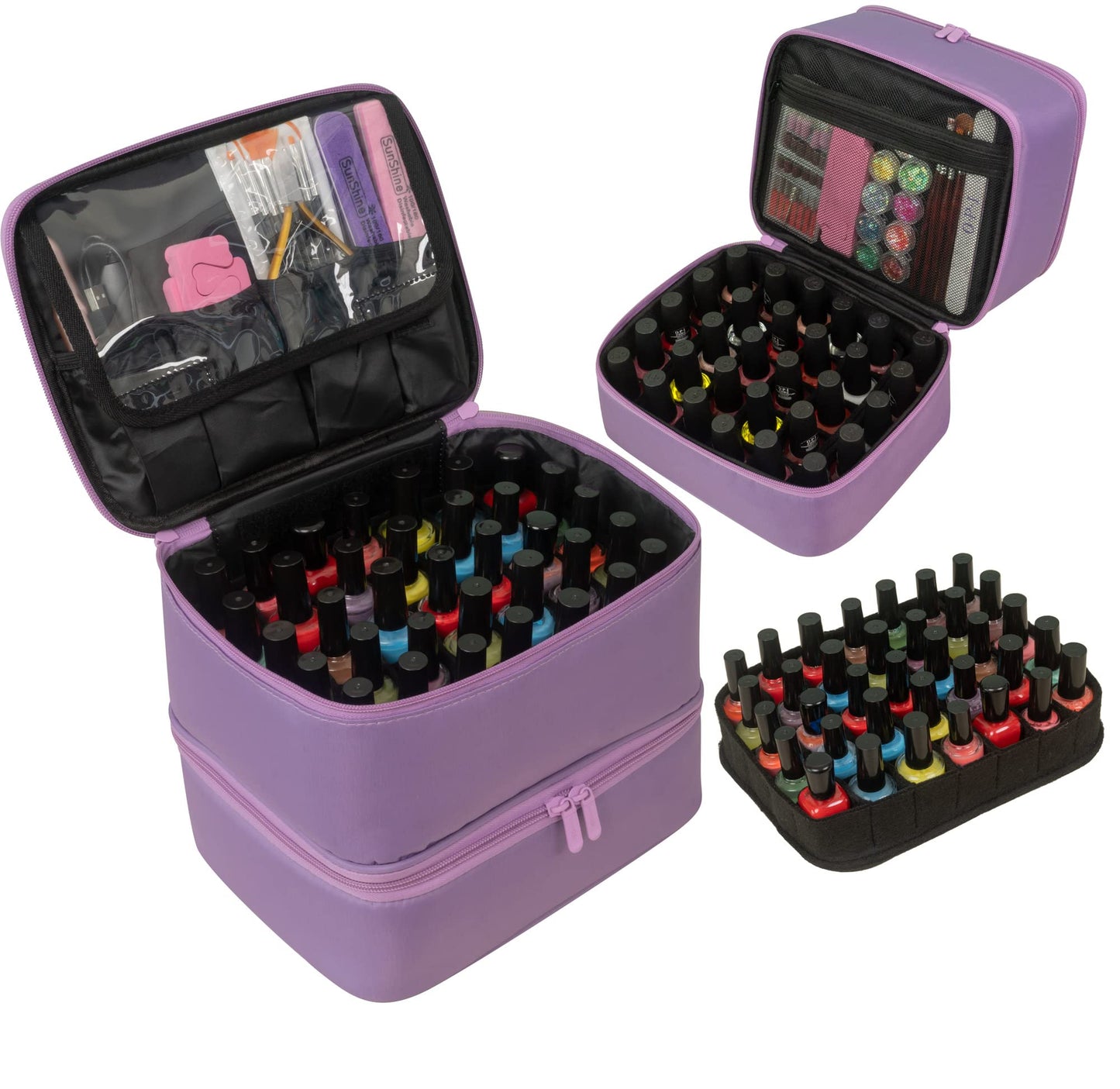 ButterFox Nail Polish Organizer Case Holder Holds 60 Bottles, Fits Nail Lamp, Duble-layer Storage for Nail Supplies and Accessories - Lavender Purple