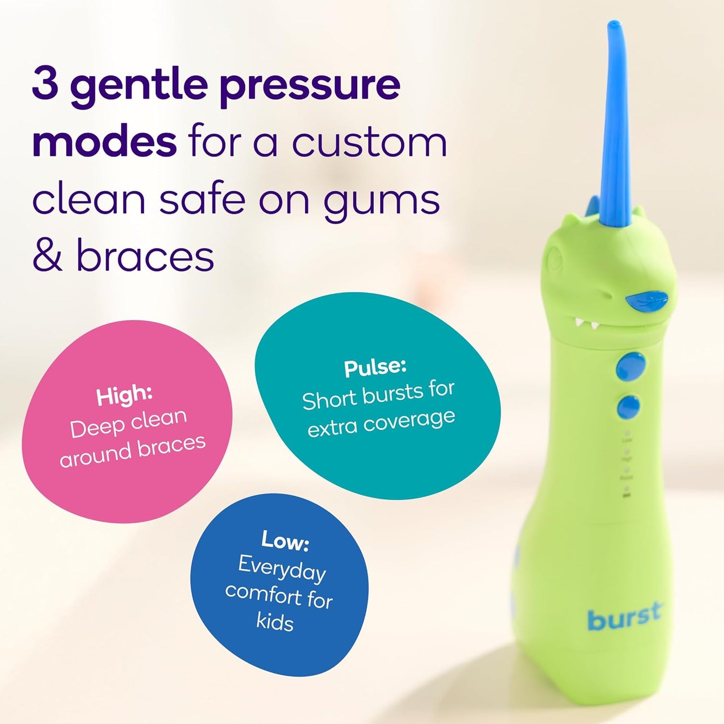 Kids Water Flosser - Cordless Dinosaur Design with 3 Pressure Modes | Braces-Friendly & Safe Silicone Tip | 155mL Tank