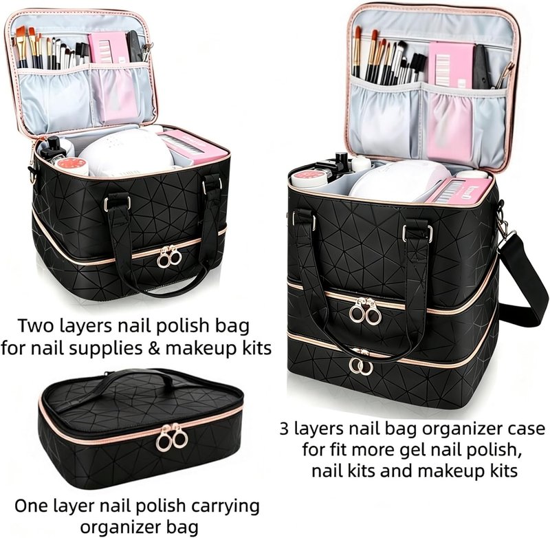 Nail Polish Organizer Bag - 84 Bottle Capacity | 3-Layer PU Leather Storage Case with Shoulder Strap for Nail Techs