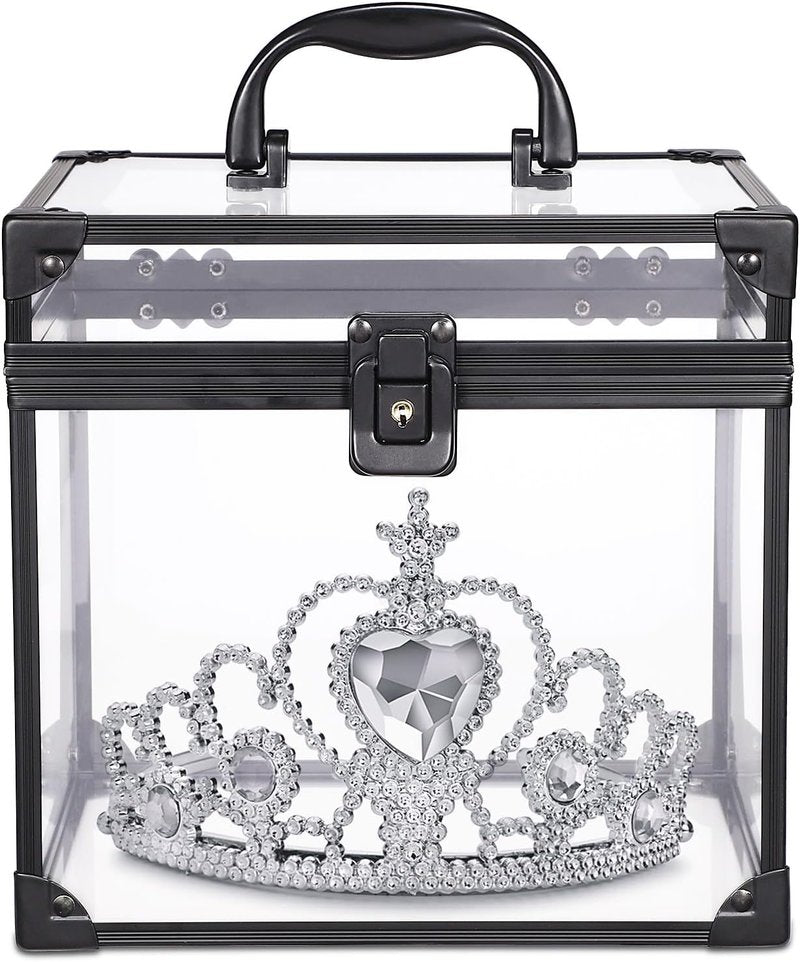 Portable Crown Case for Pageants - Clear Makeup Tools Storage, 8x7x7.5 Inch | Large Travel Toiletry Organizer with Latches