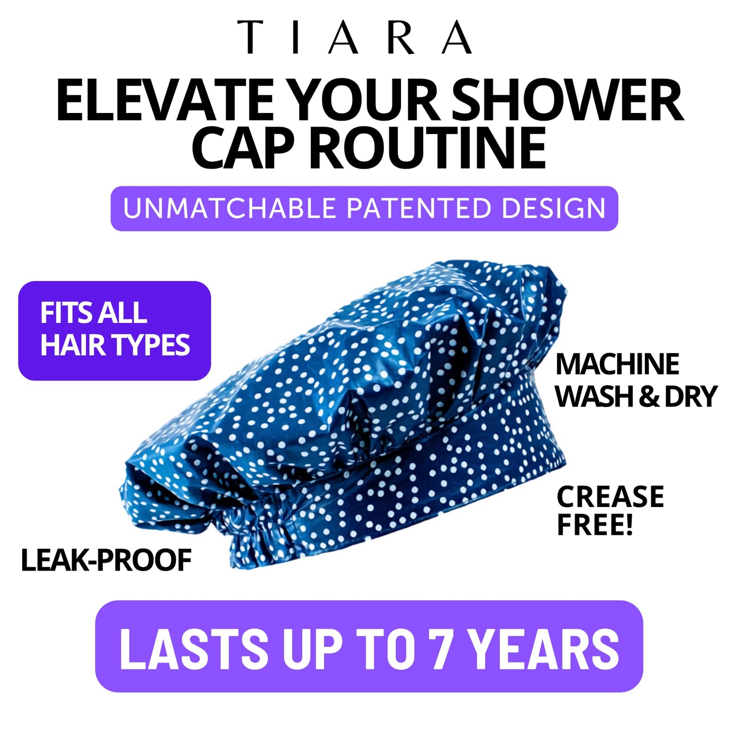 TIARA Reversible, Reusable, Waterproof Shower Cap – Large Shower Cap for Long. Short, Braided, or Thick Hair, Reversible Deep Conditioning Hair Cap, Soft Terry Lined, Machine Washable (Blue Dots)