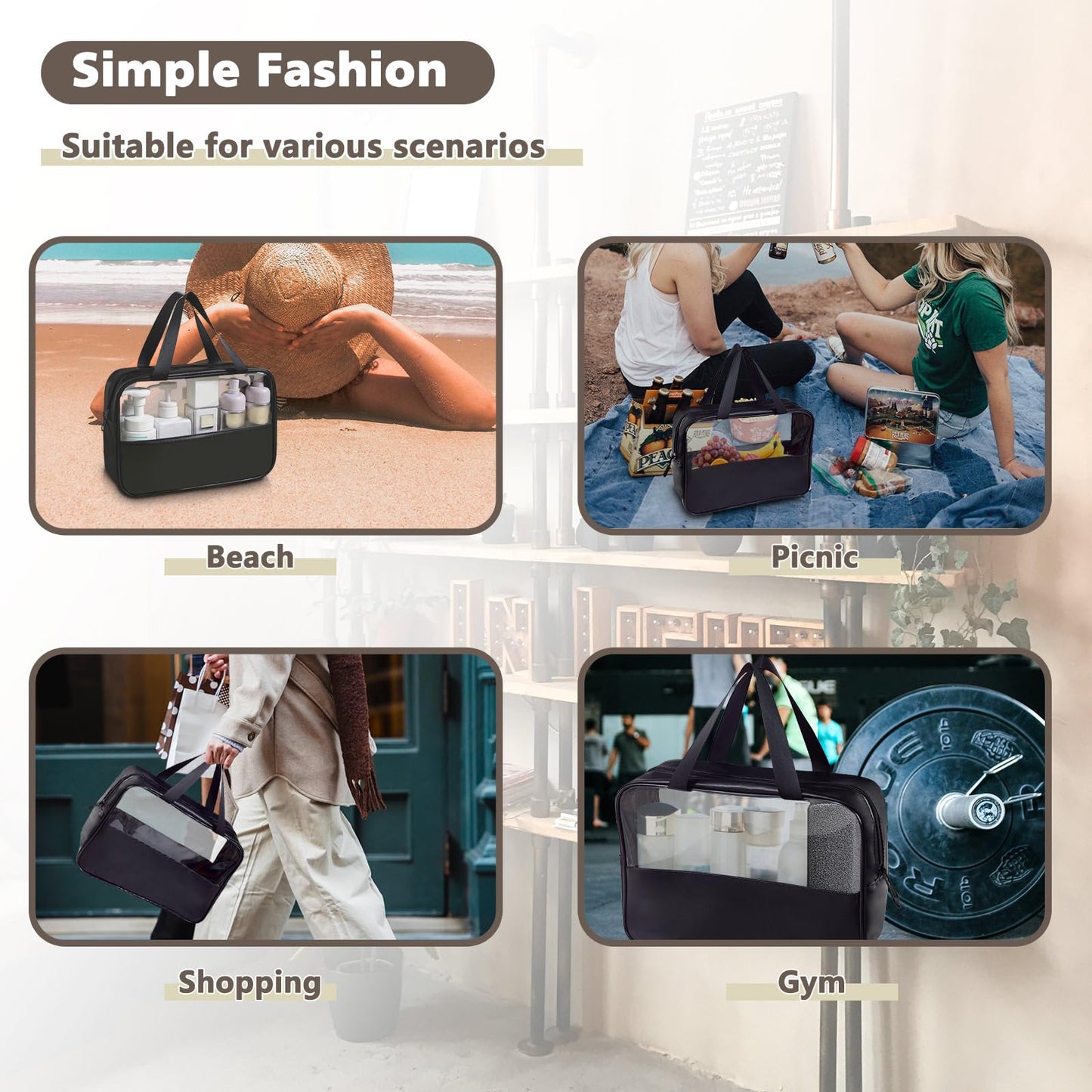 Realand Large Clear Toiletry Bags for Traveling, 4Pcs Waterproof Clear Travel Bags for Toiletries Women Men, Travel Toiletry Bag Set, Transparent Makeup Cosmetic Bag, Black