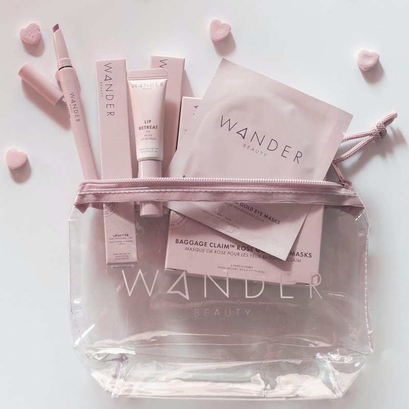 Wander Beauty Love at First Flight Bundle, Makeup Set with Rose Gold Eye Masks, Lip gloss, Lipsetter Dual Lipstick and Liner, Travel Bag