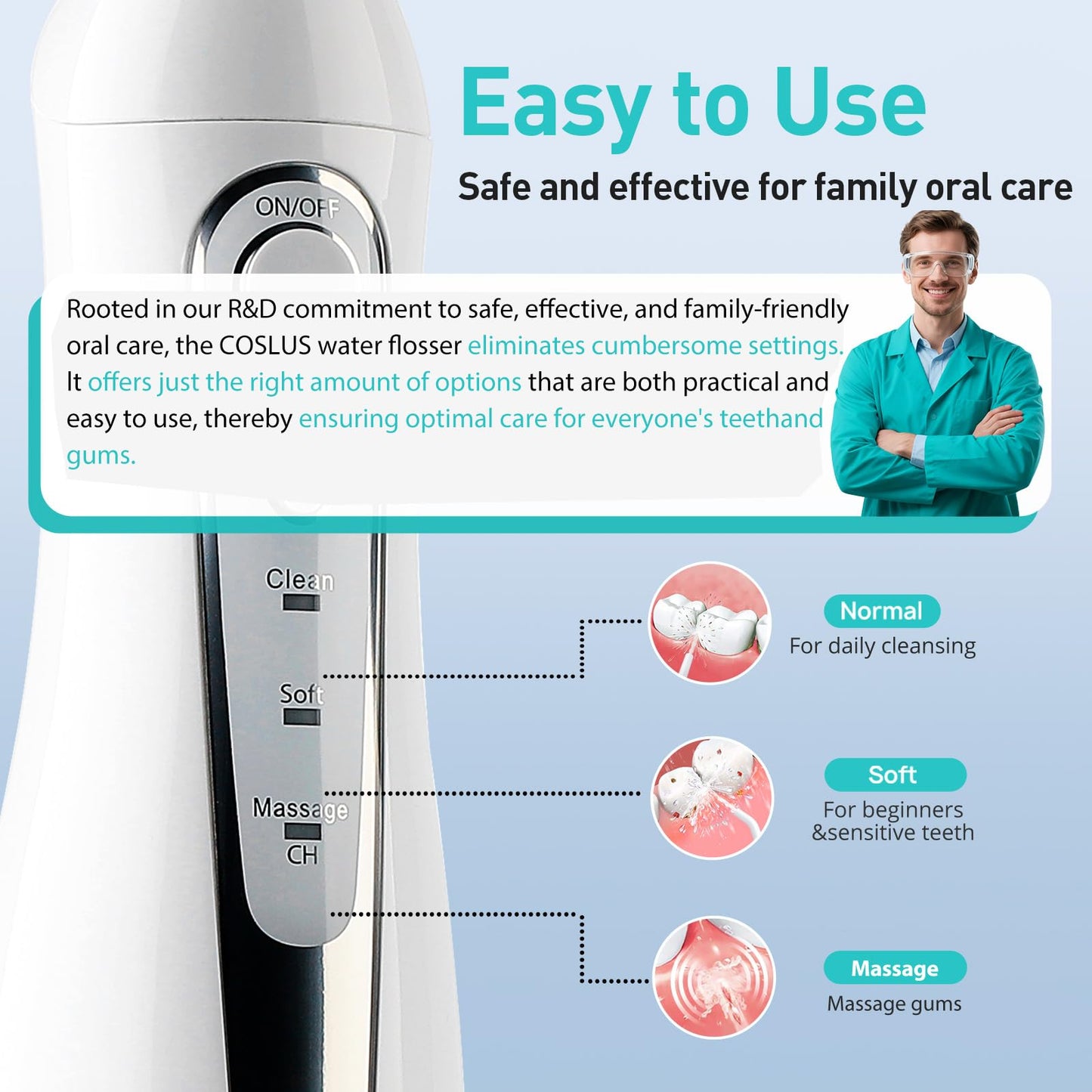 COSLUS ADA Accepted Water Dental Flosser Teeth Pick C20: Portable Cordless Oral Irrigator 300ML Rechargeable Travel Irrigation Cleaner IPX7 Waterproof Electric Flossing Machine, Professional Set White
