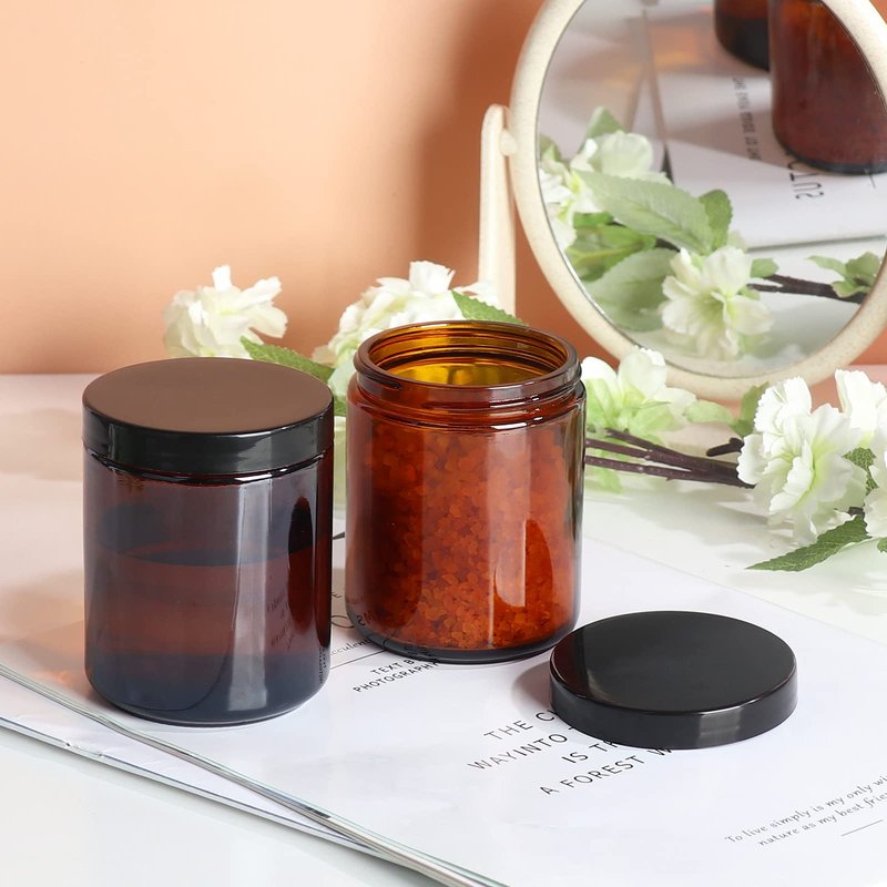 EkkoVla 24 Pack 8 oz Clear Round Glass Jars with 24 Black Lids, Candle Making Jar, Empty Refillable Cosmetic Containers for Lotions, Face Creams, Body Butter, Powders, Ointments, Beauty Products