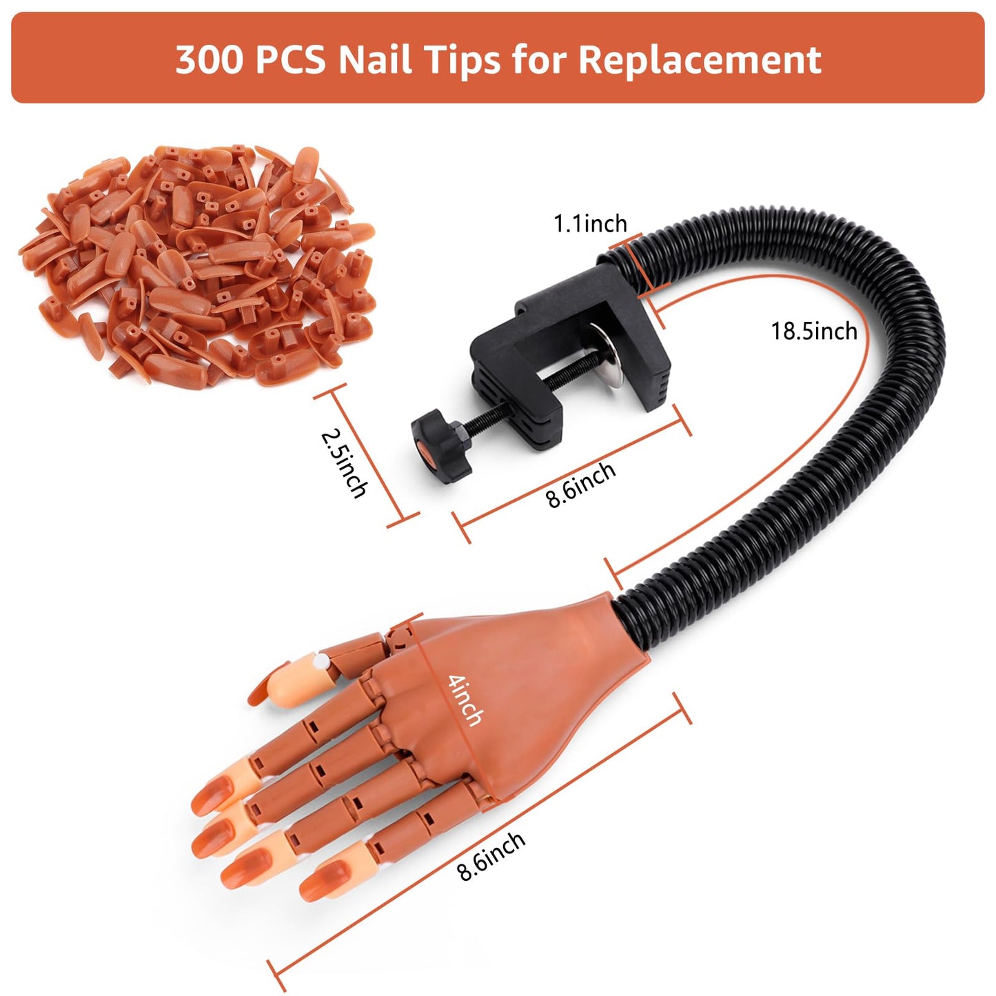 Nail Training Hand with 300pcs Refilled Tips for DIY Acrylic Nail Practice Kit