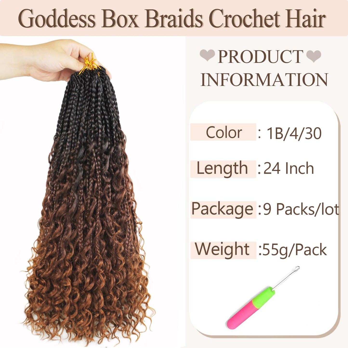 Vustbeauty 9 Packs Boho Box Braids Crochet Hair 24 Inch Goddess Box Braids Crochet Hair With Curly Ends Synthetic Bohemian Braids Hair Extension For Women (24inch,1b/4/30)