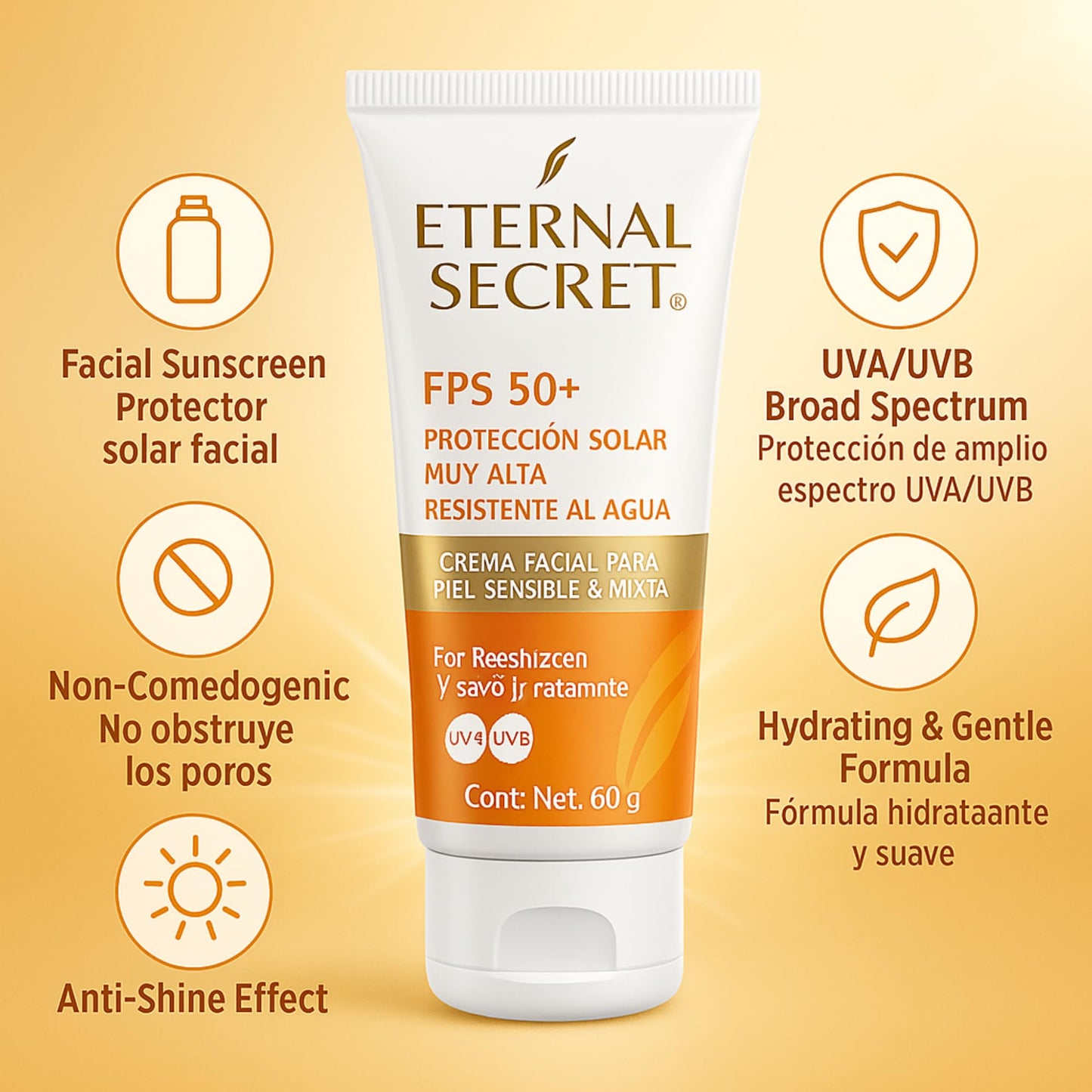 Eternal Secret High Protection Sunscreen for Face - SPF 50+ Water-resistant, Non-Sticky Texture, 2.12 oz - Bloqueador Facial/Corporal Eternal Secret FPS 50+ 2.12 oz
