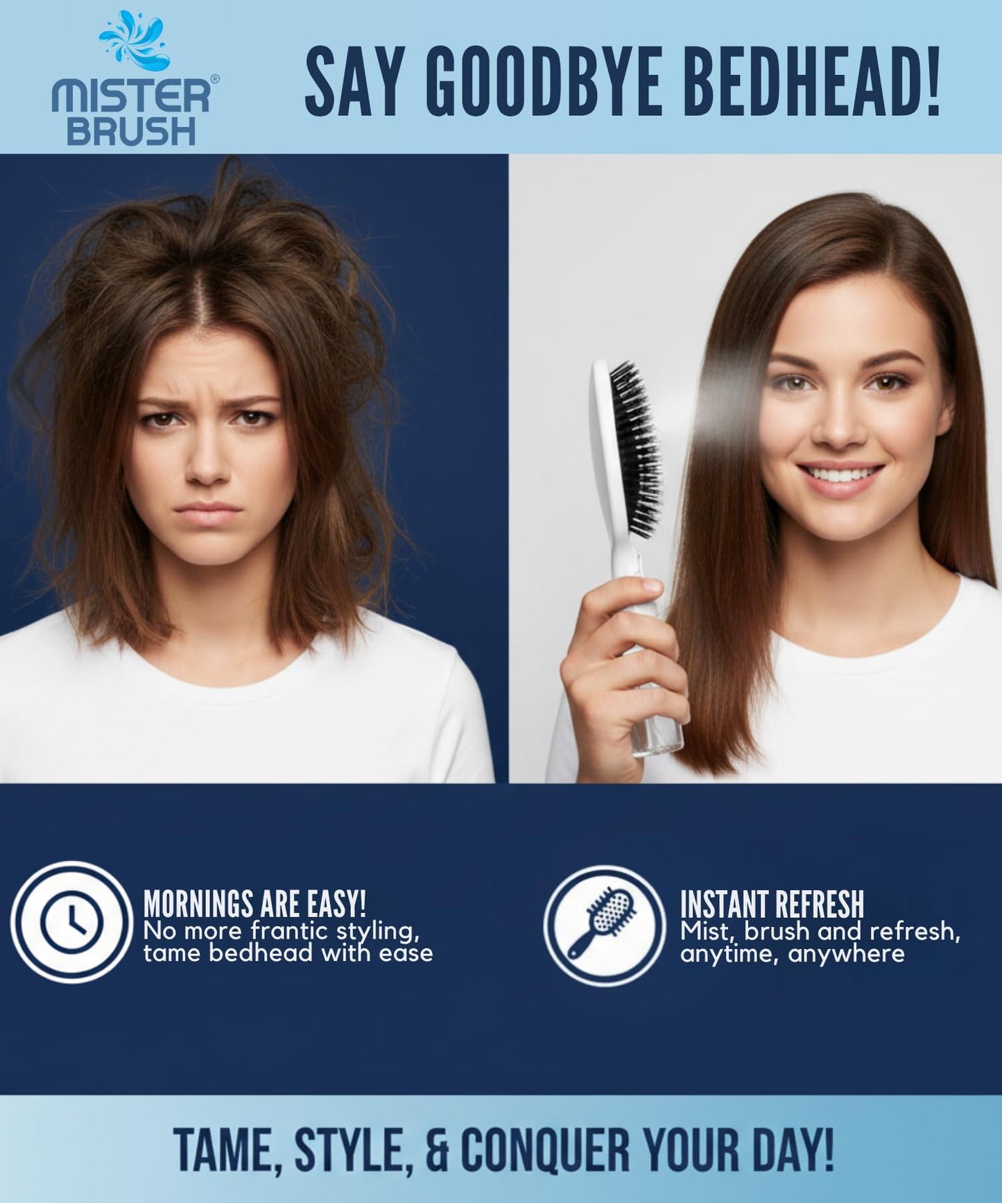 Mister Brush 2-in-1 Hairbrush Mister – Innovative Hair Mist & Brushing Tool for Wet & Dry Hair Styling – No-Tangle Bristles, Convenient Water Reservoir, Easy-to-Use (Pink)