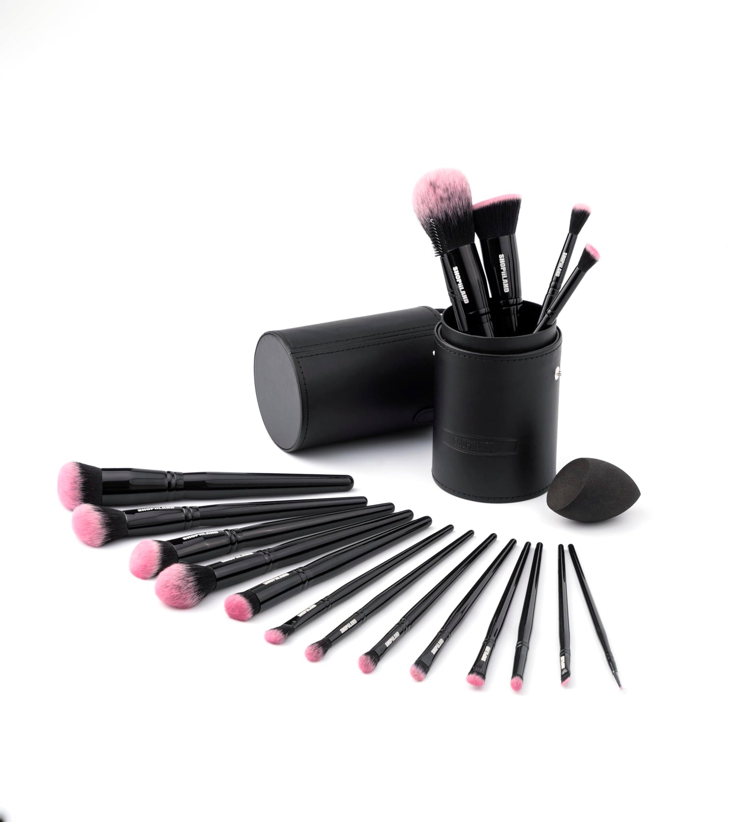 SHOPiiLAND 18-Piece Vegan Makeup Brush Set – Black & Pink Case, Soft Synthetic Bristles, Cruelty-Free, Ideal for Liquid, Powder, Cream & Bronzer; Includes Kabuki, Blender, Blush & Eyeshadow Brushes