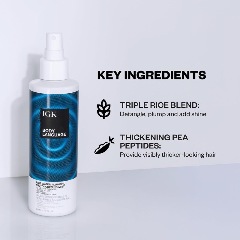 IGK Body Language Rice Water Plumping and Thickening Mist | Plumps Fine, Flat Hair for Soft, Touchable Volume | Hydrates, Detangles and Protects Up to 450°F | 5 Oz