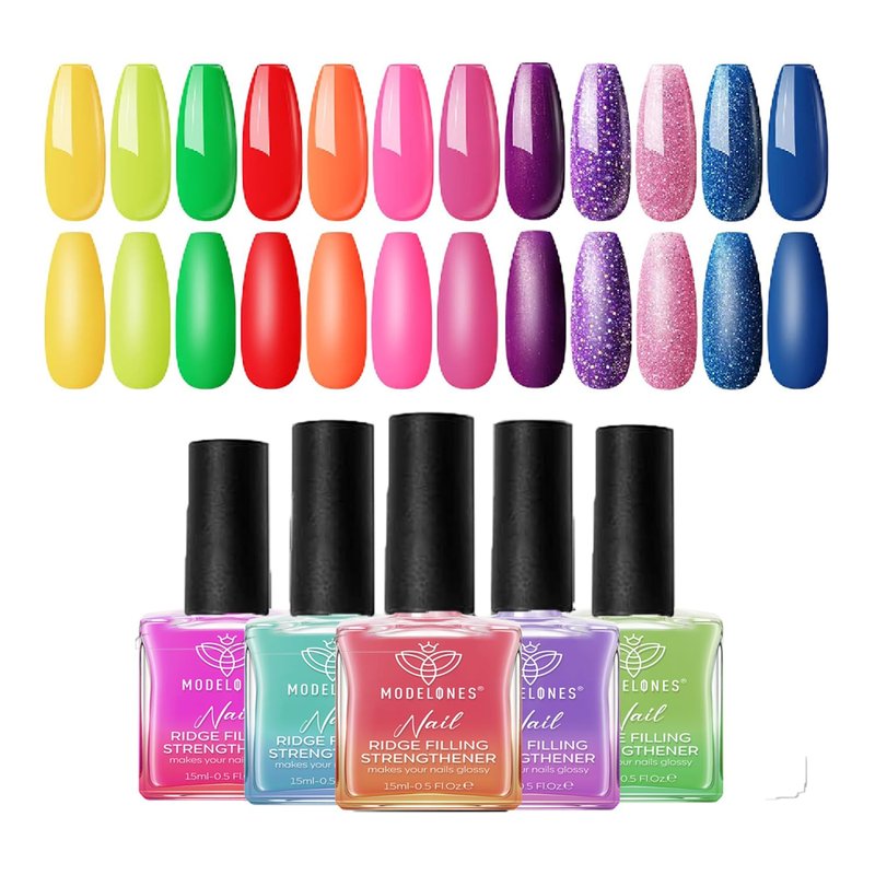 Modelones Gel Nail Polish Kit with U V Light, 12 Colors Neon Red Pink Rainbow Nail Gel Kit with 48W Nail Lamp Gel Base Top Coat Nail Art Glitter Rhinestone Gems DIY Starter Manicure Christmas Gift
