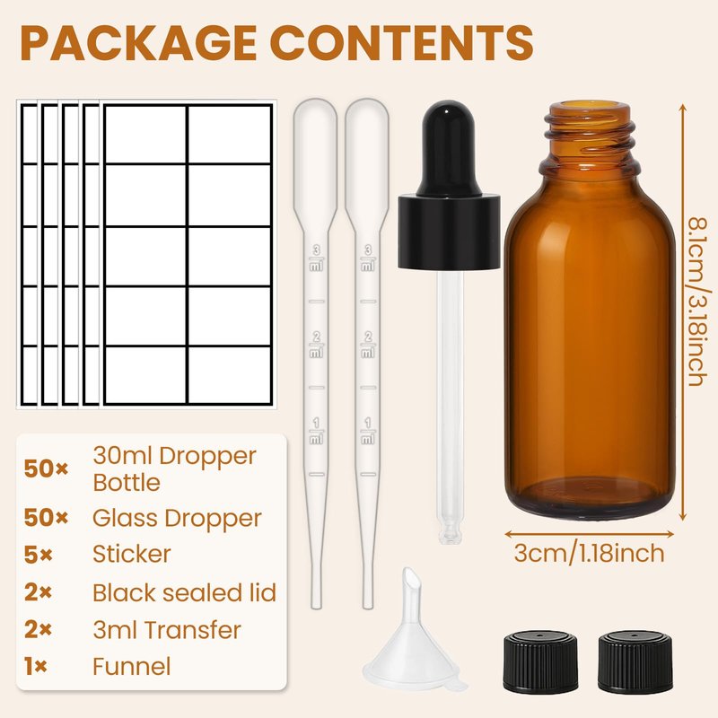 UPBUD 50 Pack 1oz Amber Glass Dropper Bottles Leakproof with Funnels, Eye Droppers, Extra Caps, Labels - Refillable UV 30ml Empty Bottles for Tinctures, Essential Oils, Perfume, Beard, Hair Oil