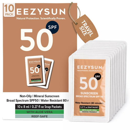 EEZYSUN Mineral Sunscreen SPF 50 Travel Size, 10 Snap Packets x 0.27 fl oz - Non-Greasy, Weightless, Sweat-Resistant, Reef-Safe Mineral Based Sunscreen for Face, Body with Aloe Vera - All Skin Types