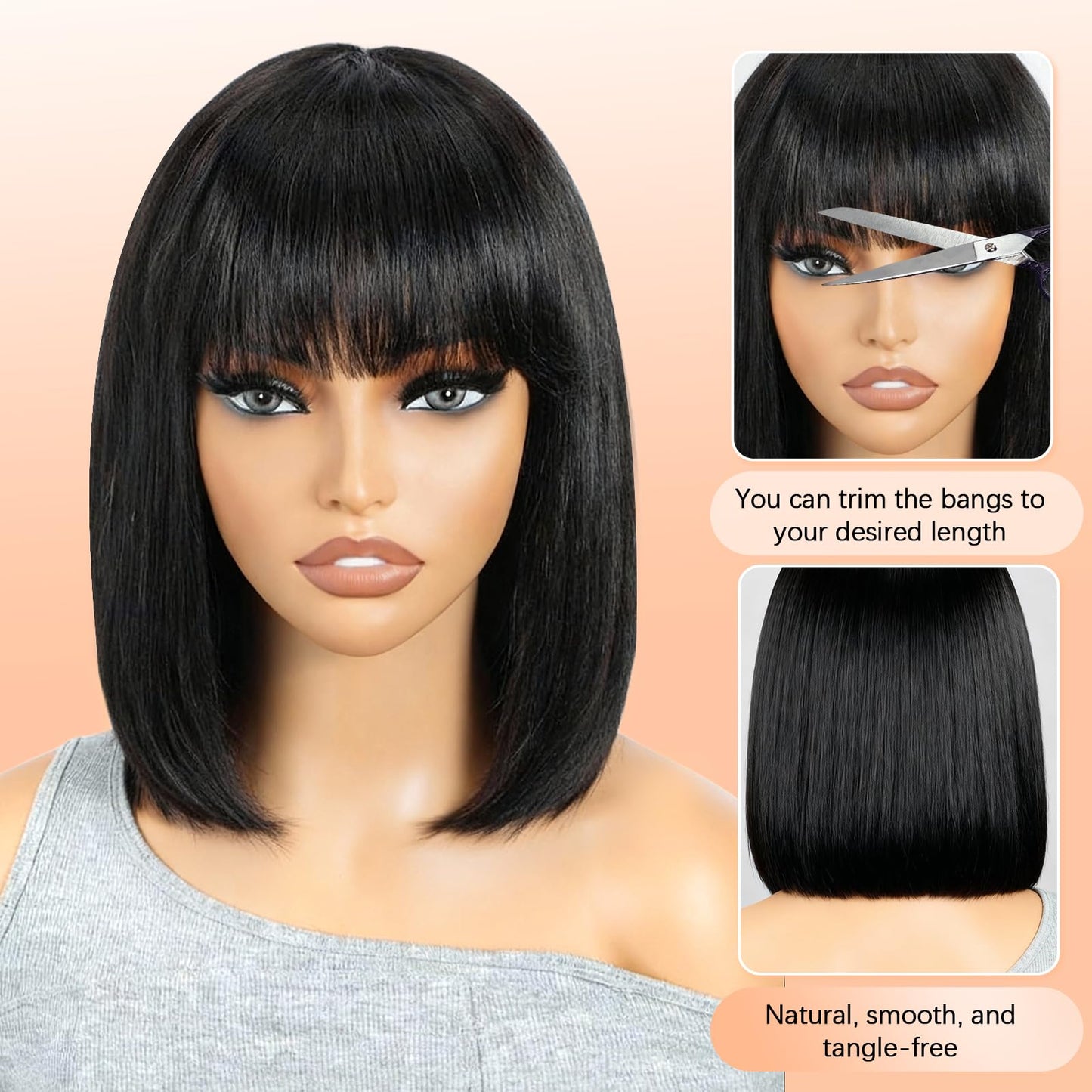 Xinjiju Black Bob Wigs Human Hair Short Wig with Bangs Straight Wigs Human Hair Glueless Wear and Go 150% Density Wigs for Women Daily Use 10Inch