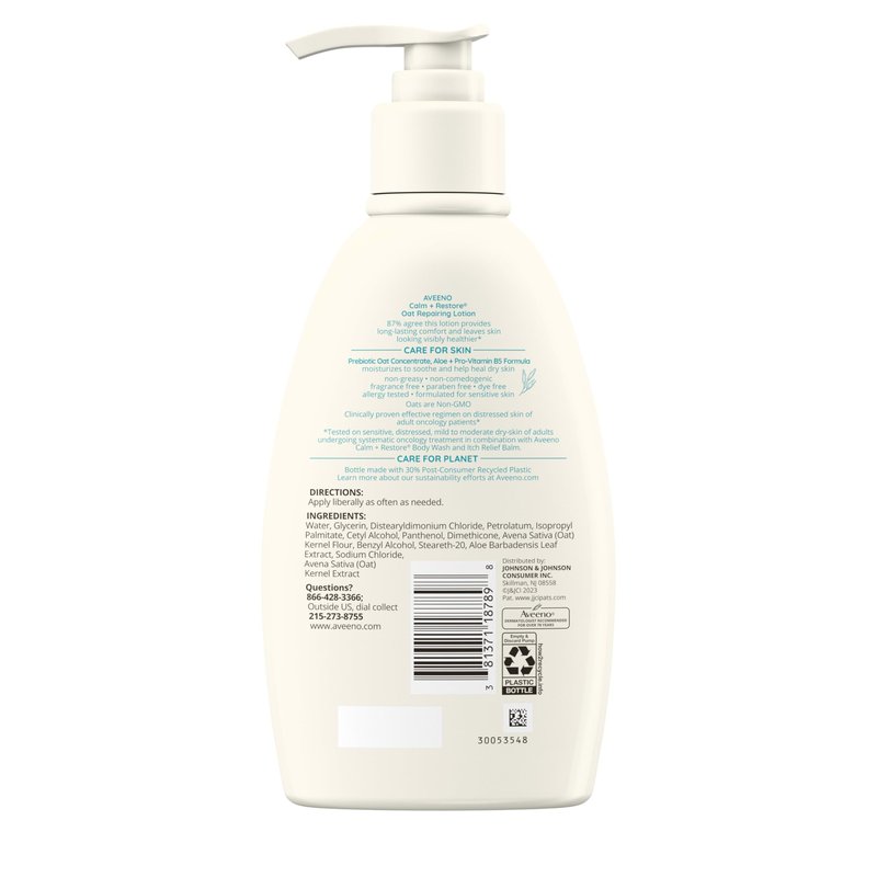Aveeno Calm + Restore Oat Repairing Body Lotion for Sensitive Skin, Daily Moisturizer with Prebiotic Oat, Aloe & Pro-Vitamin B5, Fragrance Free Body Lotion Helps Heal Dry Skin, 12 oz