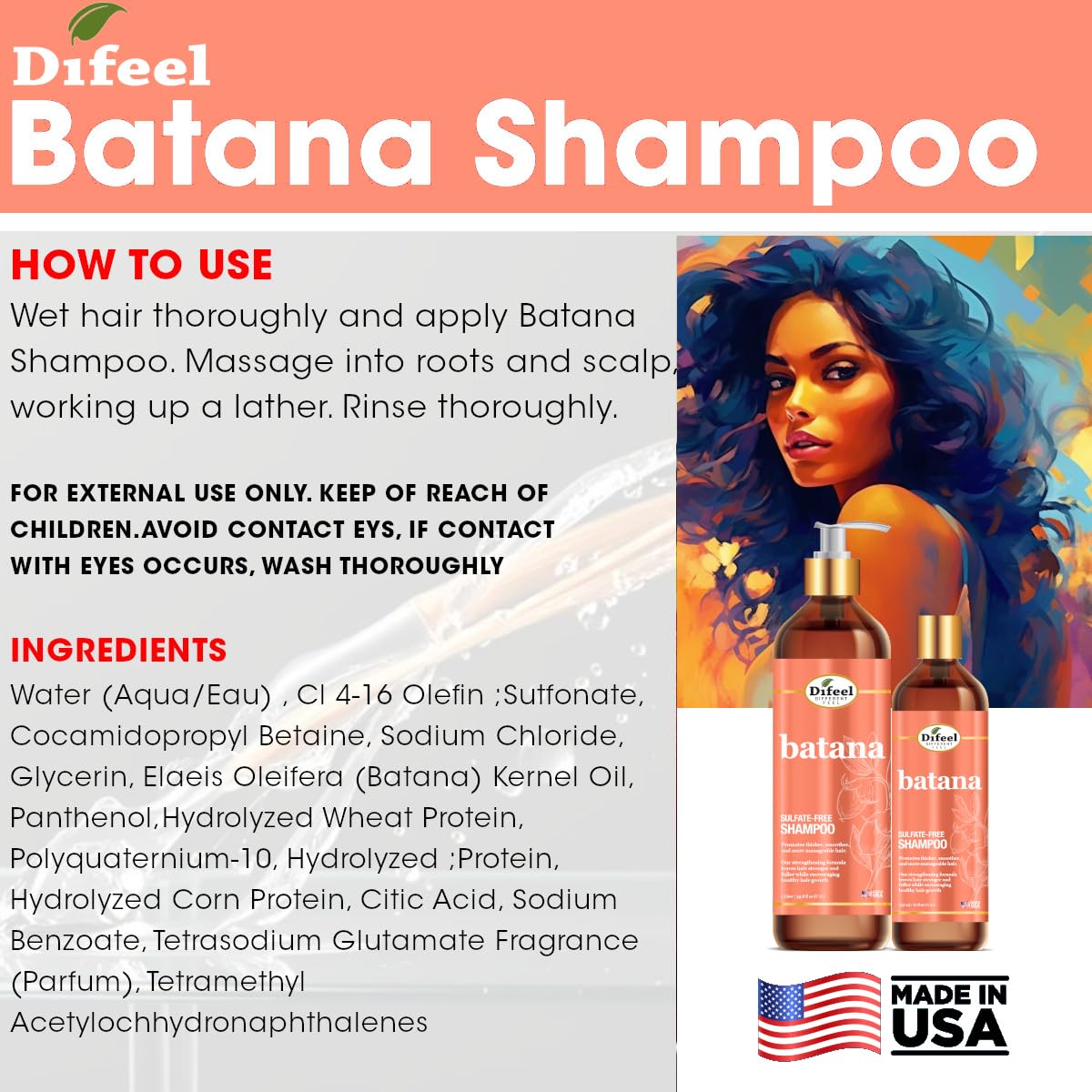 Difeel Batana Shampoo - Strengthening Sulfate-Free Formula for Thicker, Smoother Hair | 12 Ounces